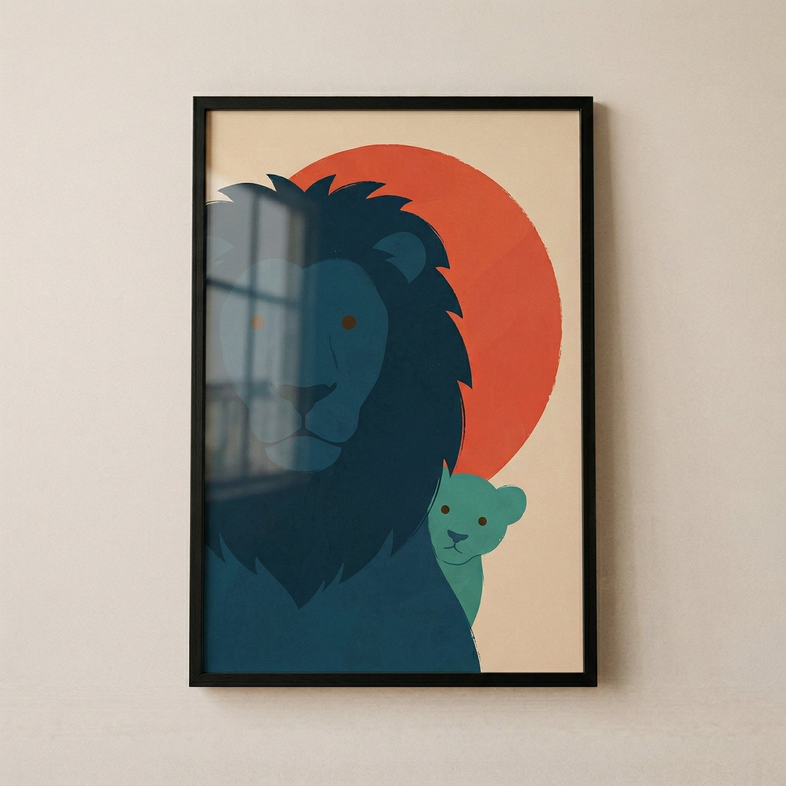 Framed illustration of a dark blue lion with a full mane and a small cub peeking from behind set against a warm red sun. The playful animal artwork creates a bold and friendly focal point suitable for a child’s room.
