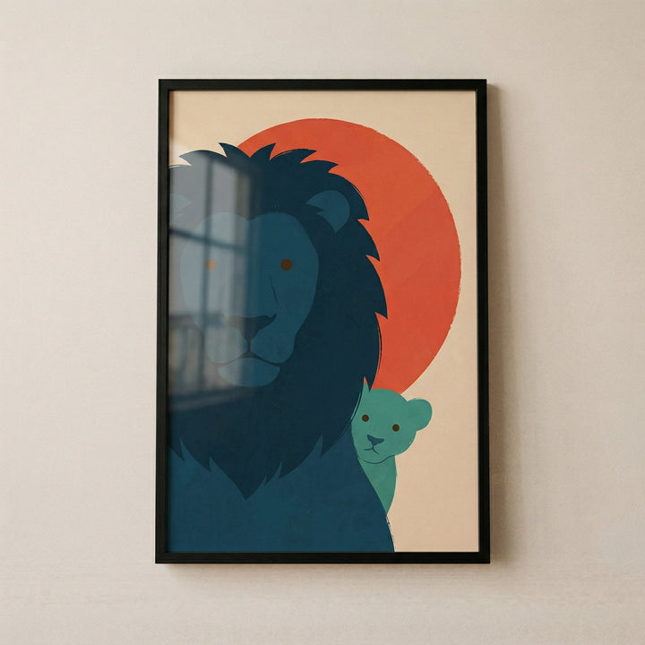 Framed illustration of a dark blue lion with a full mane and a small cub peeking from behind set against a warm red sun. The playful animal artwork creates a bold and friendly focal point suitable for a child’s room.
