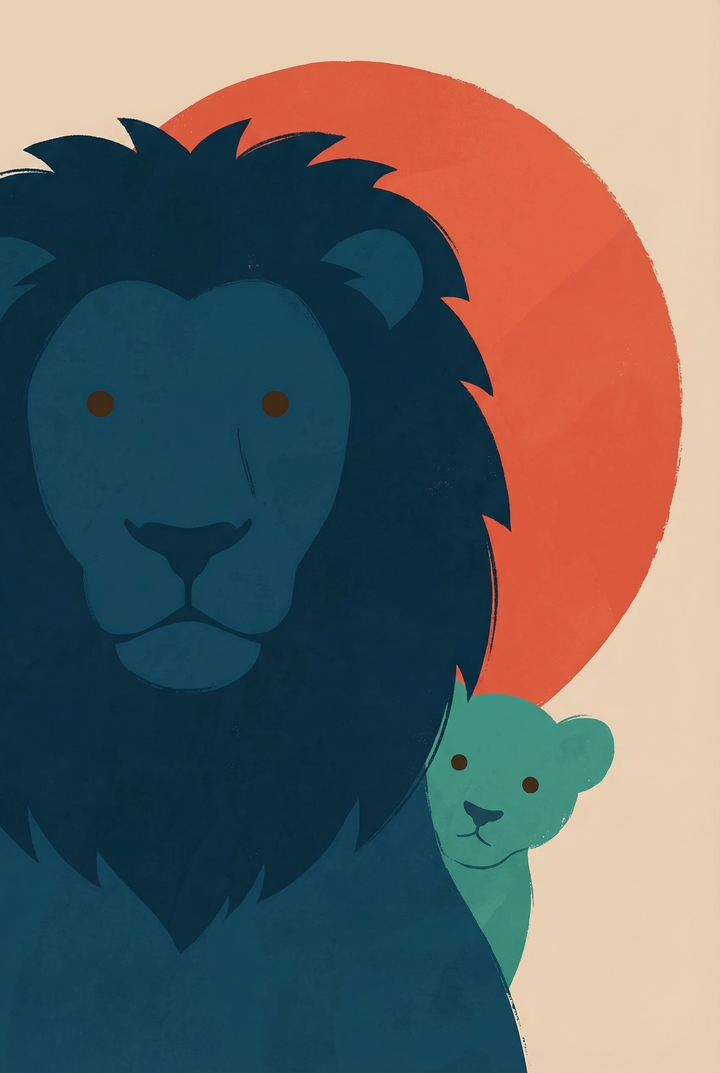 A minimalist graphic illustration featuring a large, dark blue stylized lion with a full mane. To the right, a smaller teal-colored cub peeks out from behind the adult lion. Both animals have simple facial features with small dark dots for eyes. A large, solid orange circle sits behind the lions, resembling a sun. The entire composition is set against a flat, neutral beige background. The style is characterized by clean lines and bold, solid blocks of color.