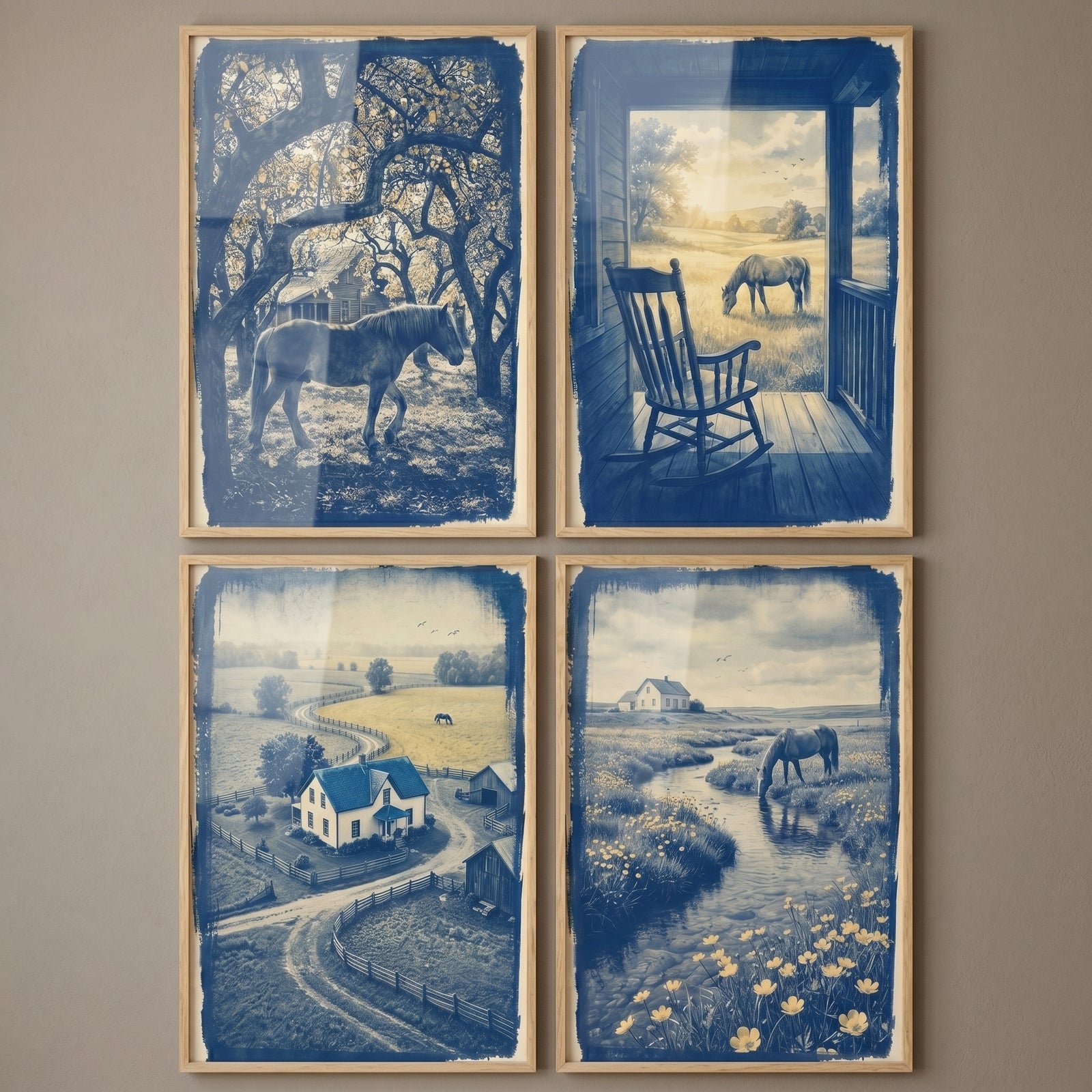 Blue monochrome rural horse wall art set of 4 featuring horses, a farmhouse, a stream, and a rocking chair on a porch.