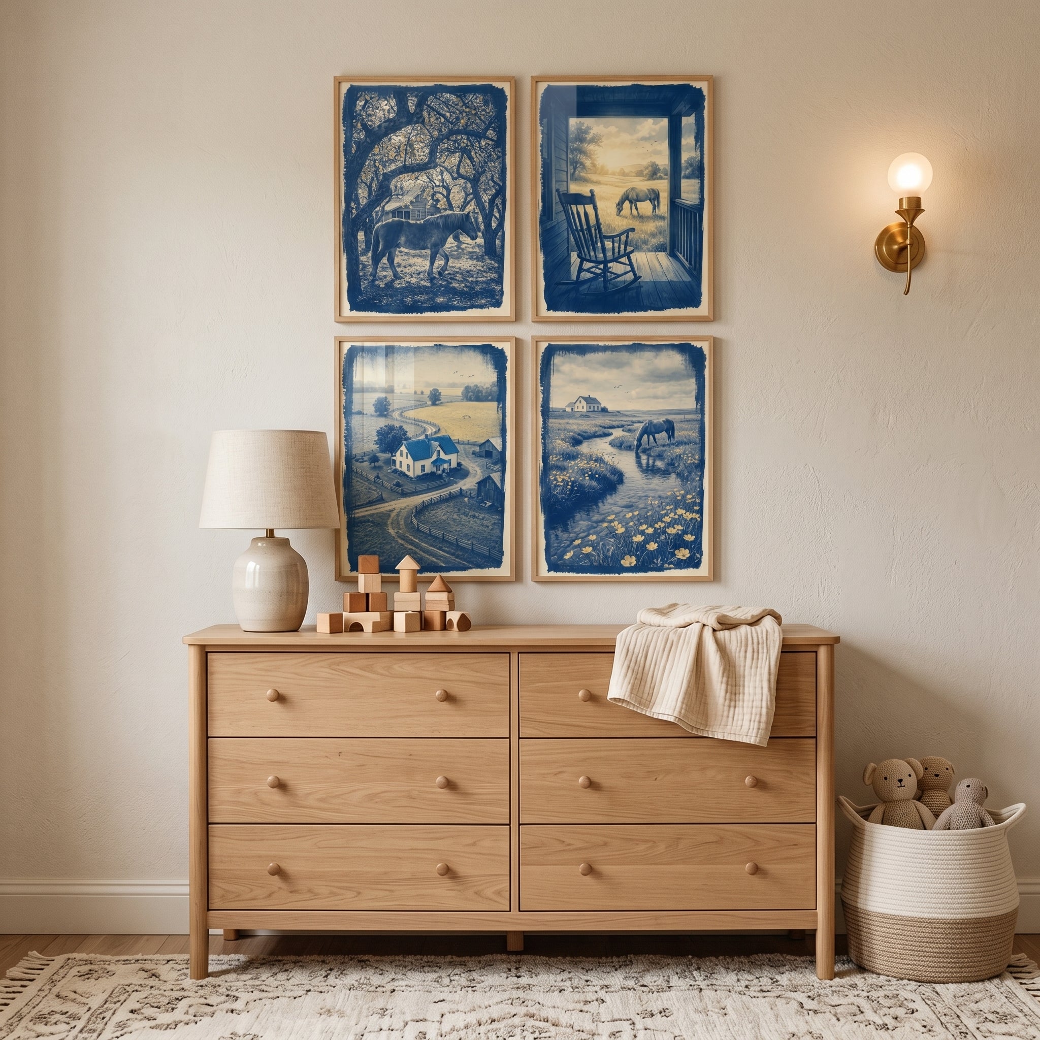 Blue Monochrome Rural Horse Wall Art Set of 4 - Rustic Blue Vistas