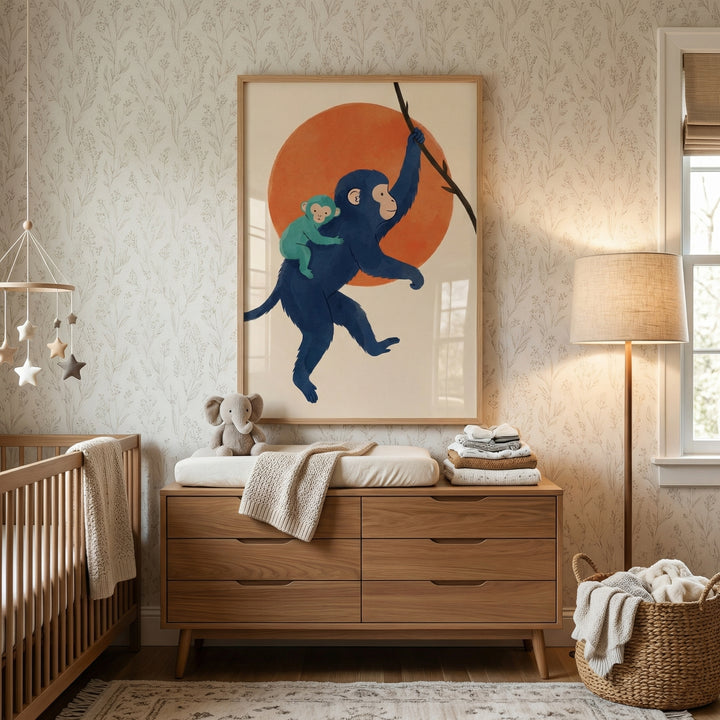 Framed illustration of a blue monkey swinging from a branch with a baby monkey on its back in front of a large orange sun displayed above a wooden dresser in a nursery. Soft lighting, neutral wallpaper, and cozy textiles create a warm and calming baby room setting.