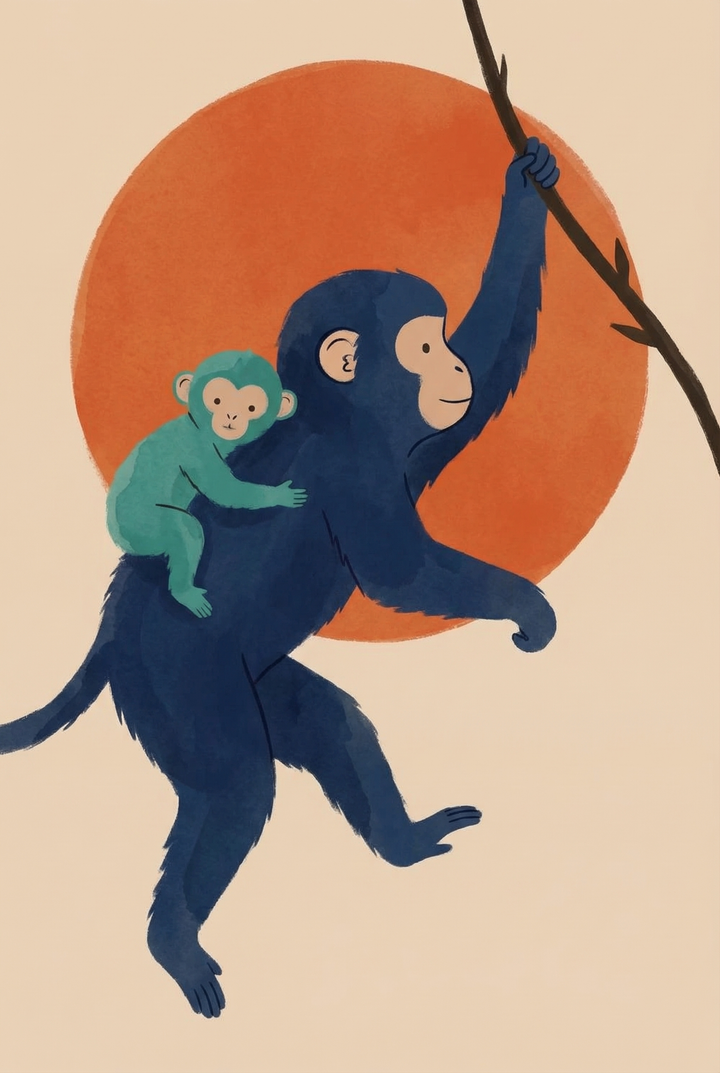 An illustration of a large, stylized dark blue monkey carrying a smaller light green monkey on its back. The larger monkey reaches up with its right arm to hold a thin, dark brown branch. Behind them is a large, textured orange circle against a light beige background. The art features simple shapes and flat colors with subtle textures.