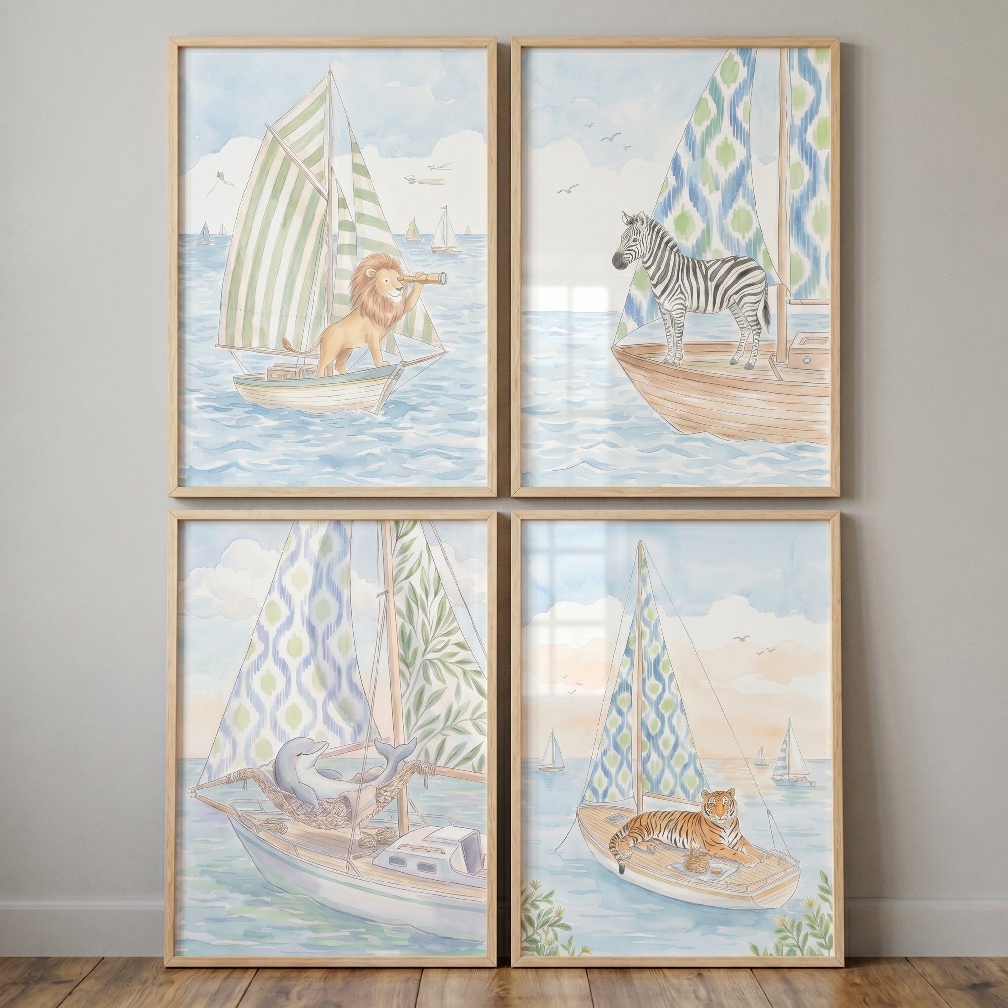Blue Nautical Animal Wall Art Set of 4 - Sailing Safari Friends
