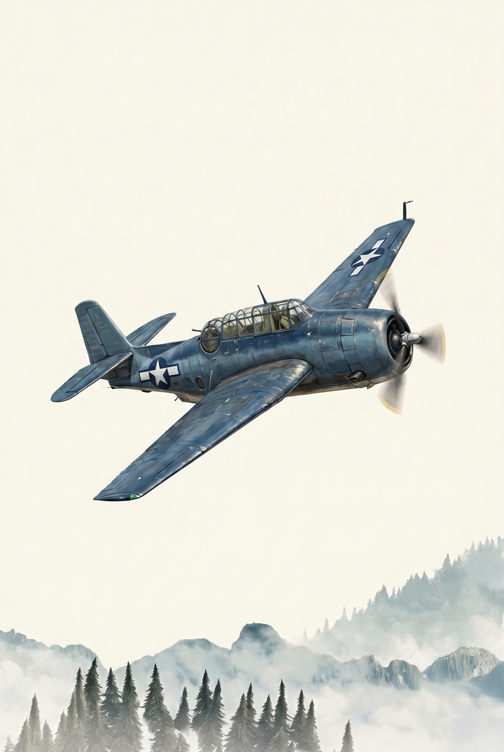 Blue navy propeller airplane wall art soaring over misty mountain peaks and a forest of pine trees.