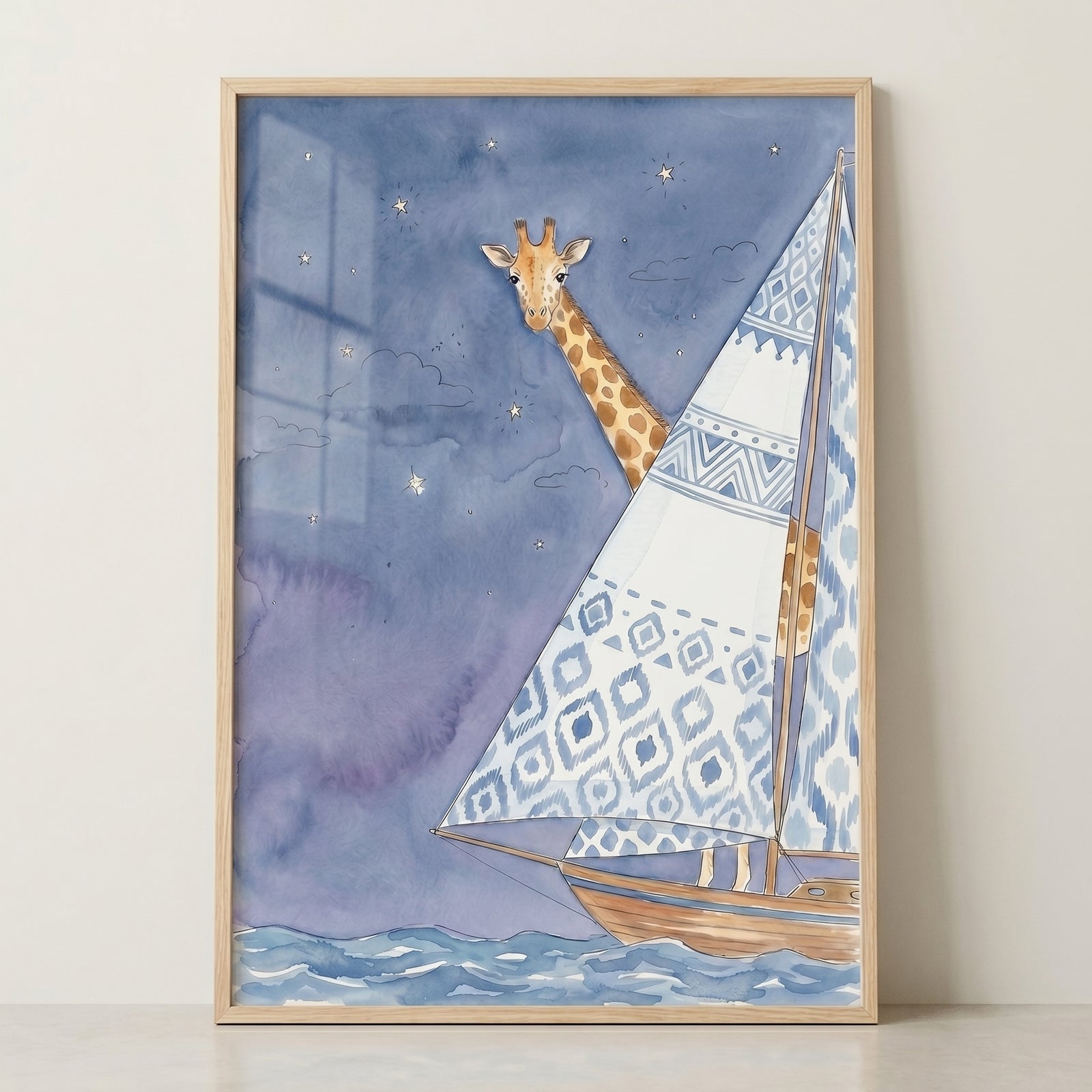 Blue night starry giraffe wall art with a giraffe on a patterned sailboat under a cloudy sky filled with stars.