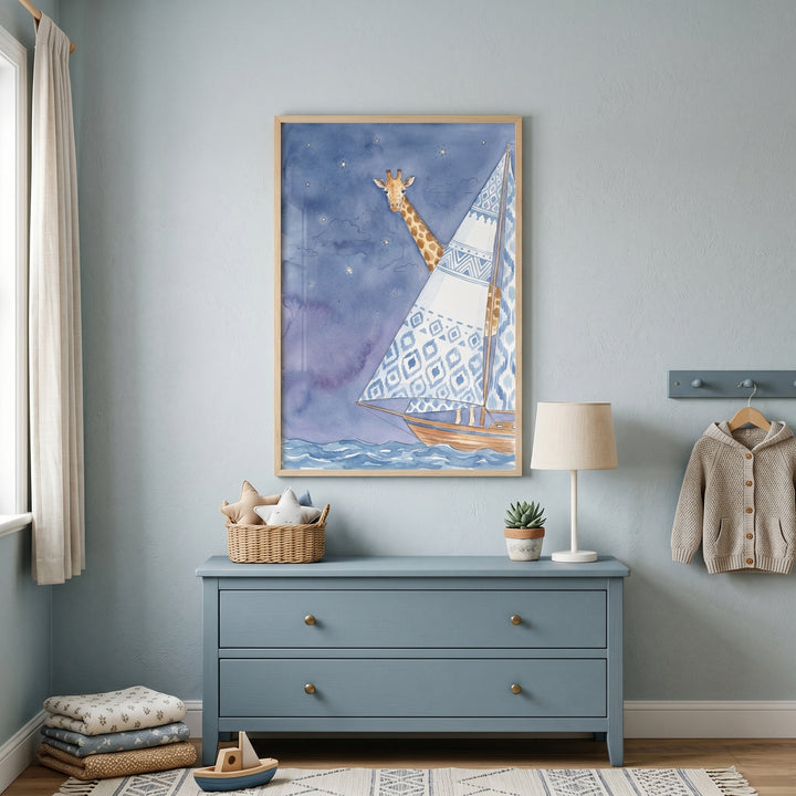 Blue night starry giraffe wall art above a blue dresser with a lamp, basket, and a small toy boat on the rug.