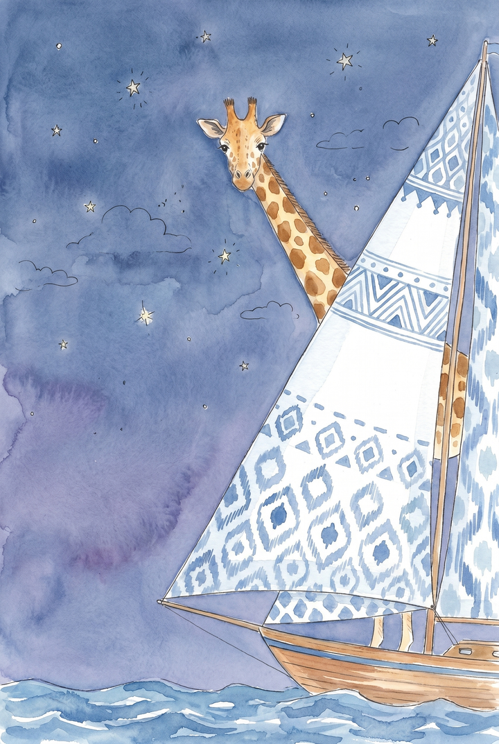 Watercolor blue night starry giraffe wall art of a giraffe on a sailboat with patterned sails under a starry sky.