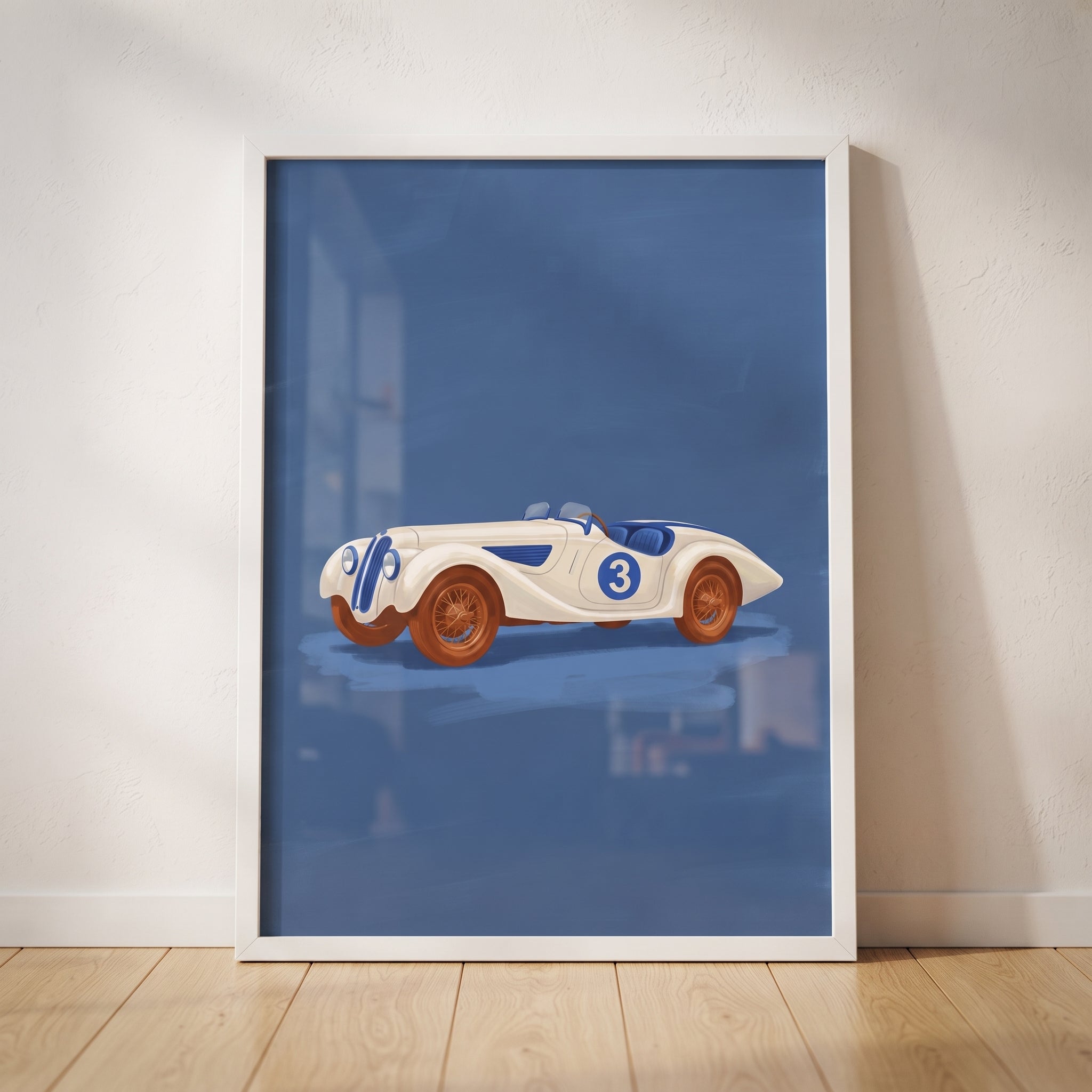 Blue Number Race Car Wall Art - Vintage White Racer