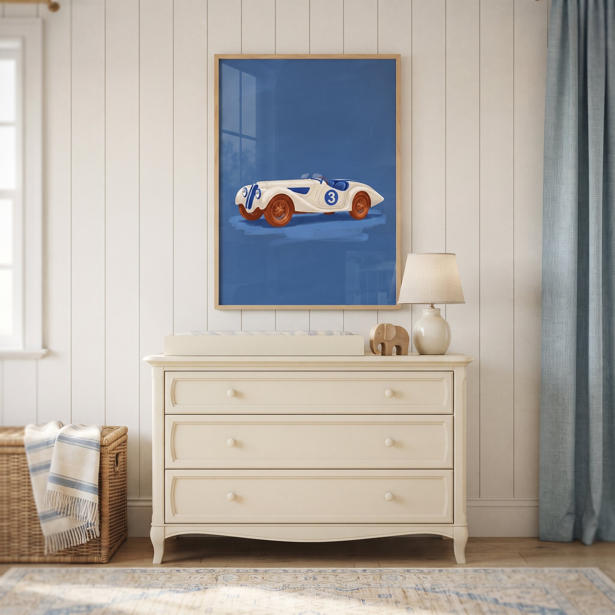 Blue Number Race Car Wall Art - Vintage White Racer