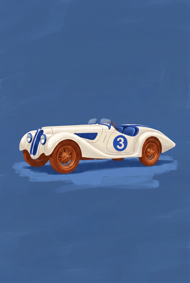 White vintage speedster with number three and wire wheels on a blue background, blue number race car wall art.