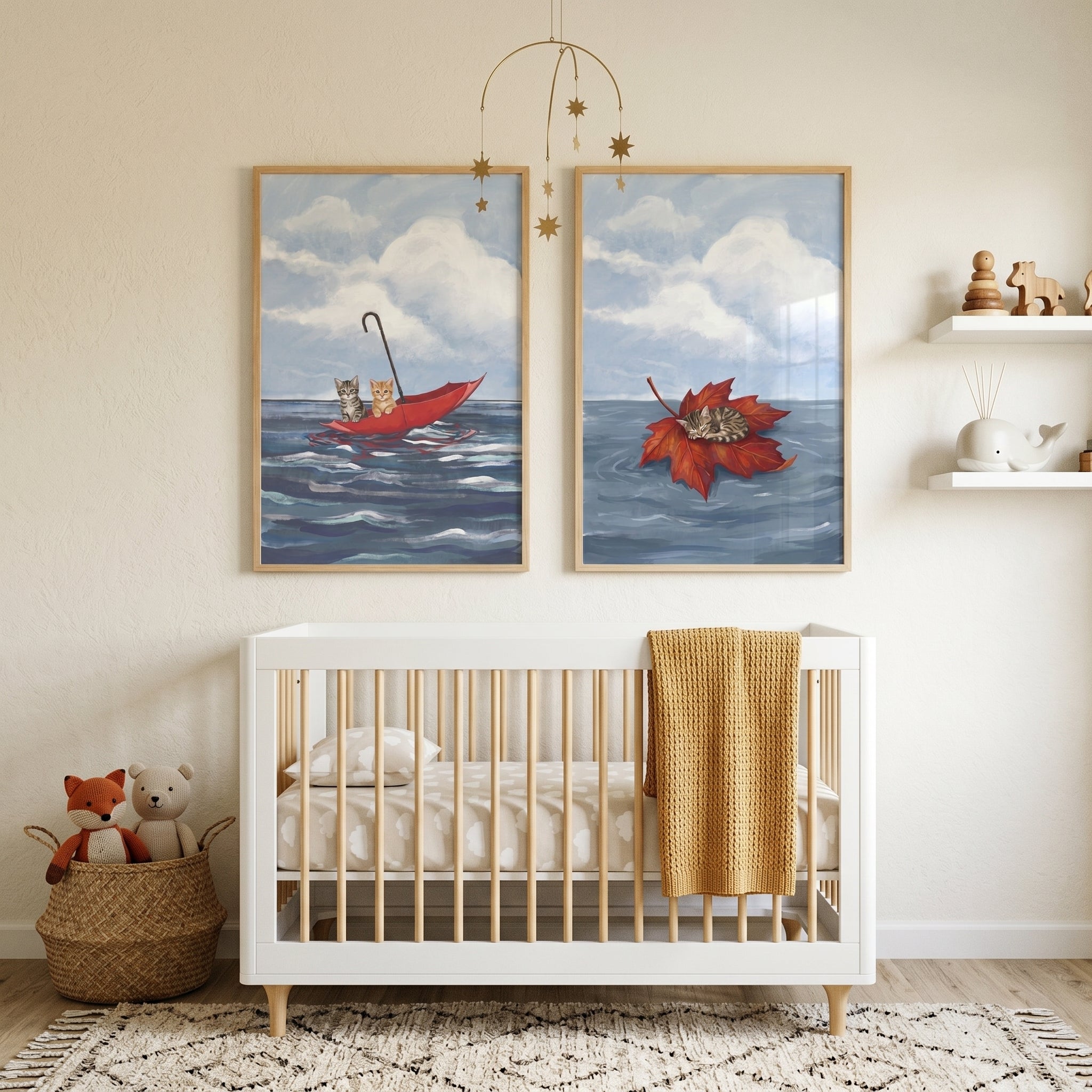 Blue Ocean Floating Cat Wall Art Set of 2 - Tiny Sea Voyage