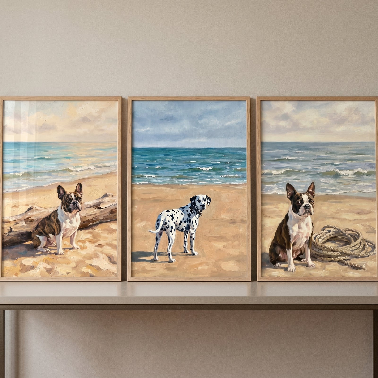 French bulldog, dalmatian, and Boston terrier on a beach in a blue ocean sandy dogs wall art set of 3.