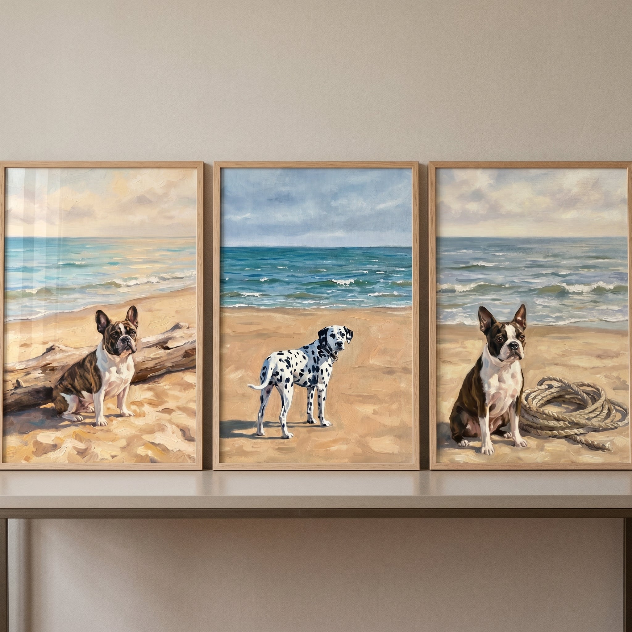Blue Ocean Sandy Dogs Wall Art Set of 3 - Seaside Dog Friends