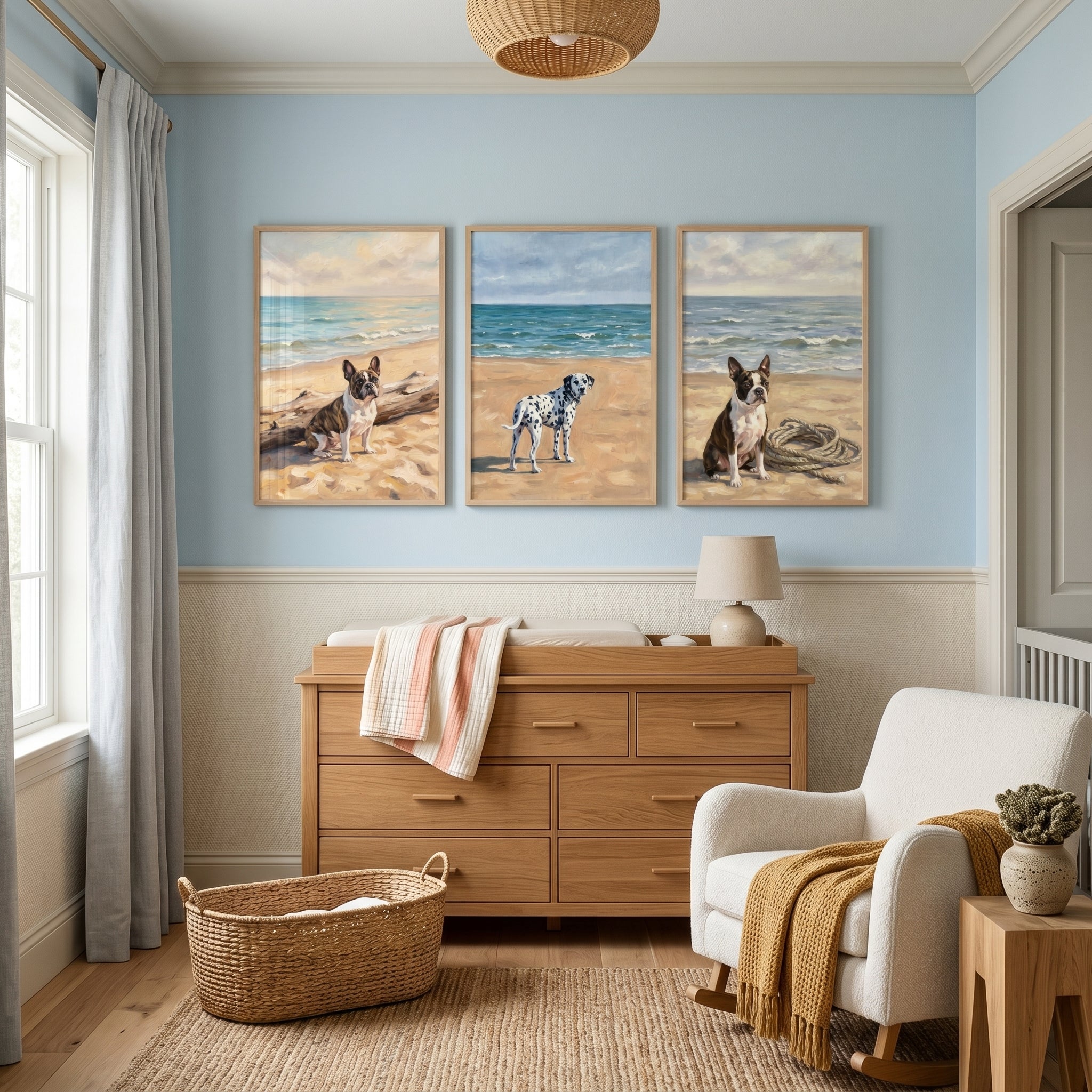 Blue Ocean Sandy Dogs Wall Art Set of 3 - Seaside Dog Friends
