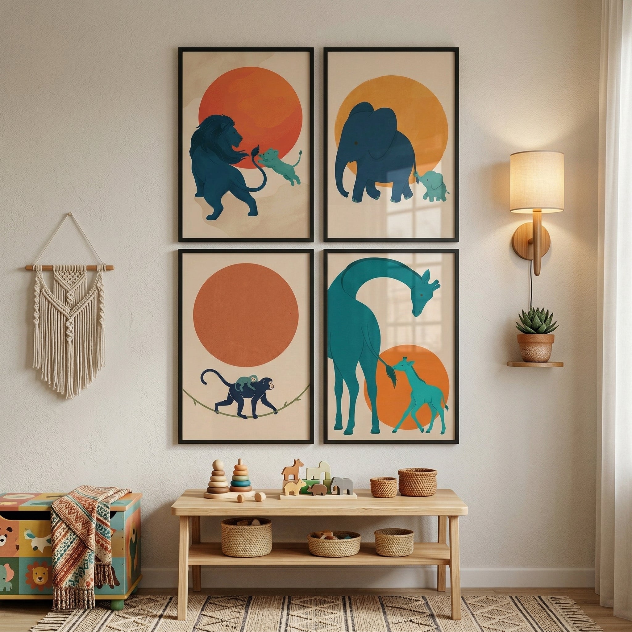 Blue Parent Baby Animal Wall Art Set of 4 - Savanna Family Love