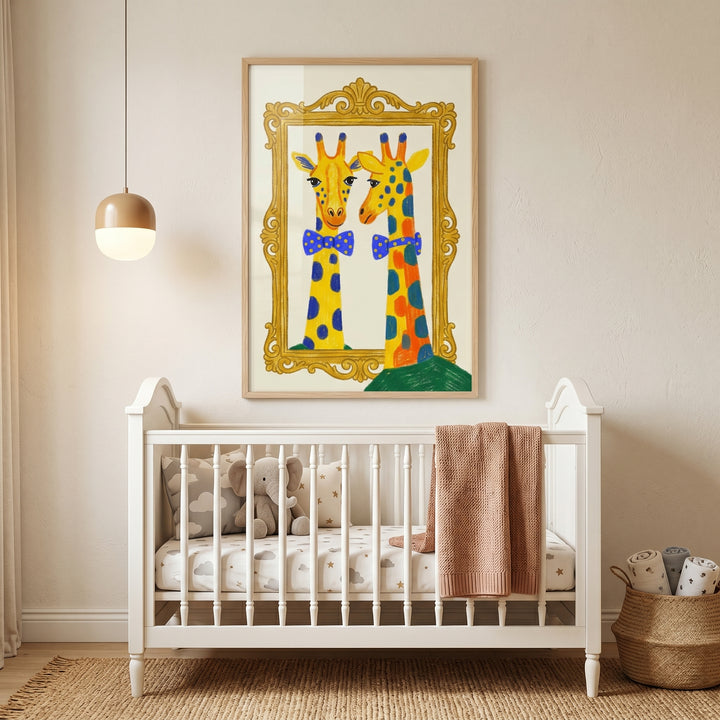 Blue polka dot giraffe wall art hangs above a white crib in a neutral baby nursery with an elephant plush toy.