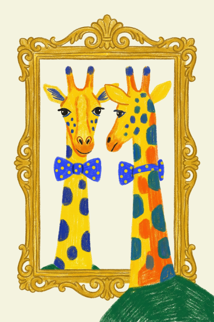 Blue polka dot giraffe wall art shows a giraffe in a bow tie looking at its reflection in an ornate gold mirror.