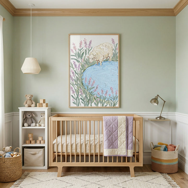 Soft green nursery with a wooden crib and pastel quilt beneath a framed painting of a sheep standing by a blue pond surrounded by lavender flowers. Plush toys, woven baskets, and warm lighting create a calm cozy space centered around the artwork above the crib.