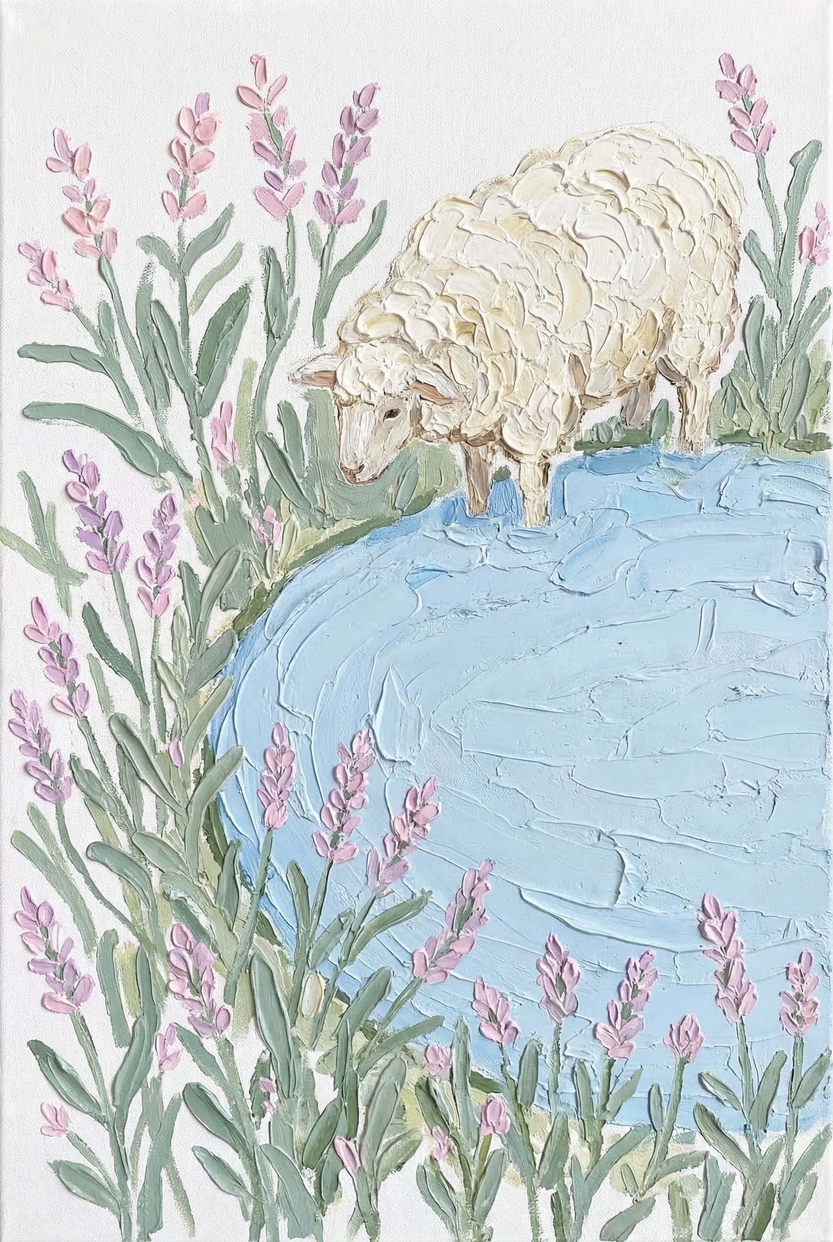 Blue Pond Drinking Sheep Wall Art - Woolly Lavender Shore