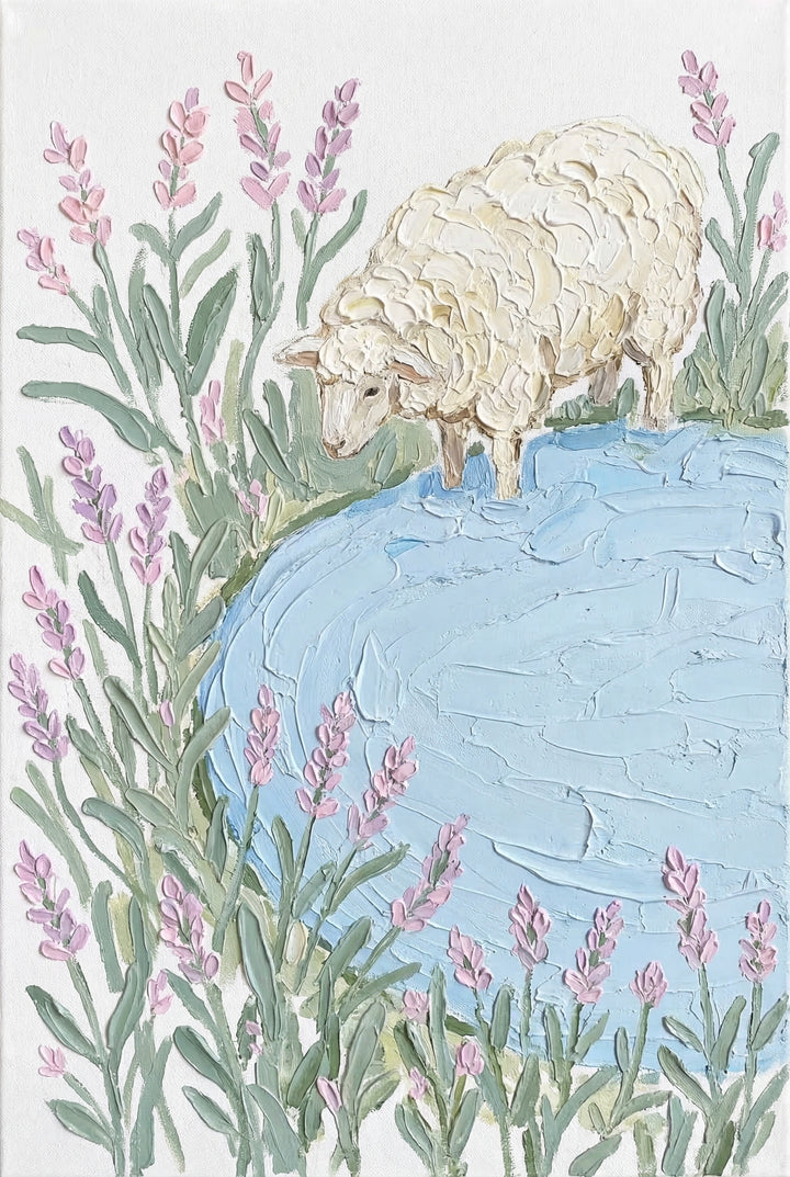Close up of a textured painting of a cream colored sheep standing at the edge of a soft blue pond surrounded by tall green stems and small purple lavender flowers. Thick brushstrokes and pastel tones create a calm gentle countryside scene focused on the sheep and water.