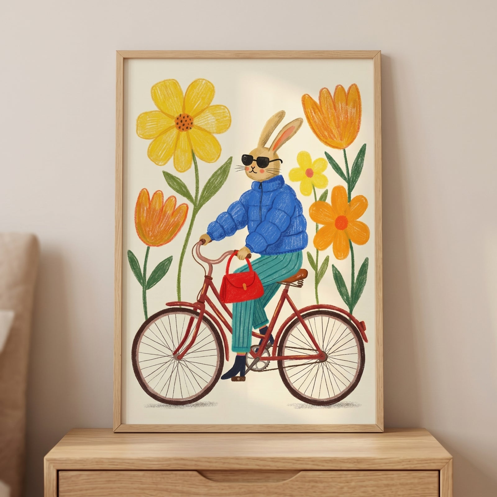 Blue puffer jacket bunny wall art of a rabbit wearing sunglasses and riding a red bicycle among large colorful flowers.