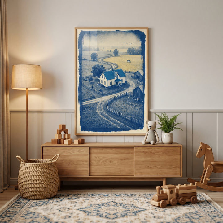 Blue rural farmhouse wall art above a wooden sideboard with toys, a floor lamp, and a rug in a neutral room.
