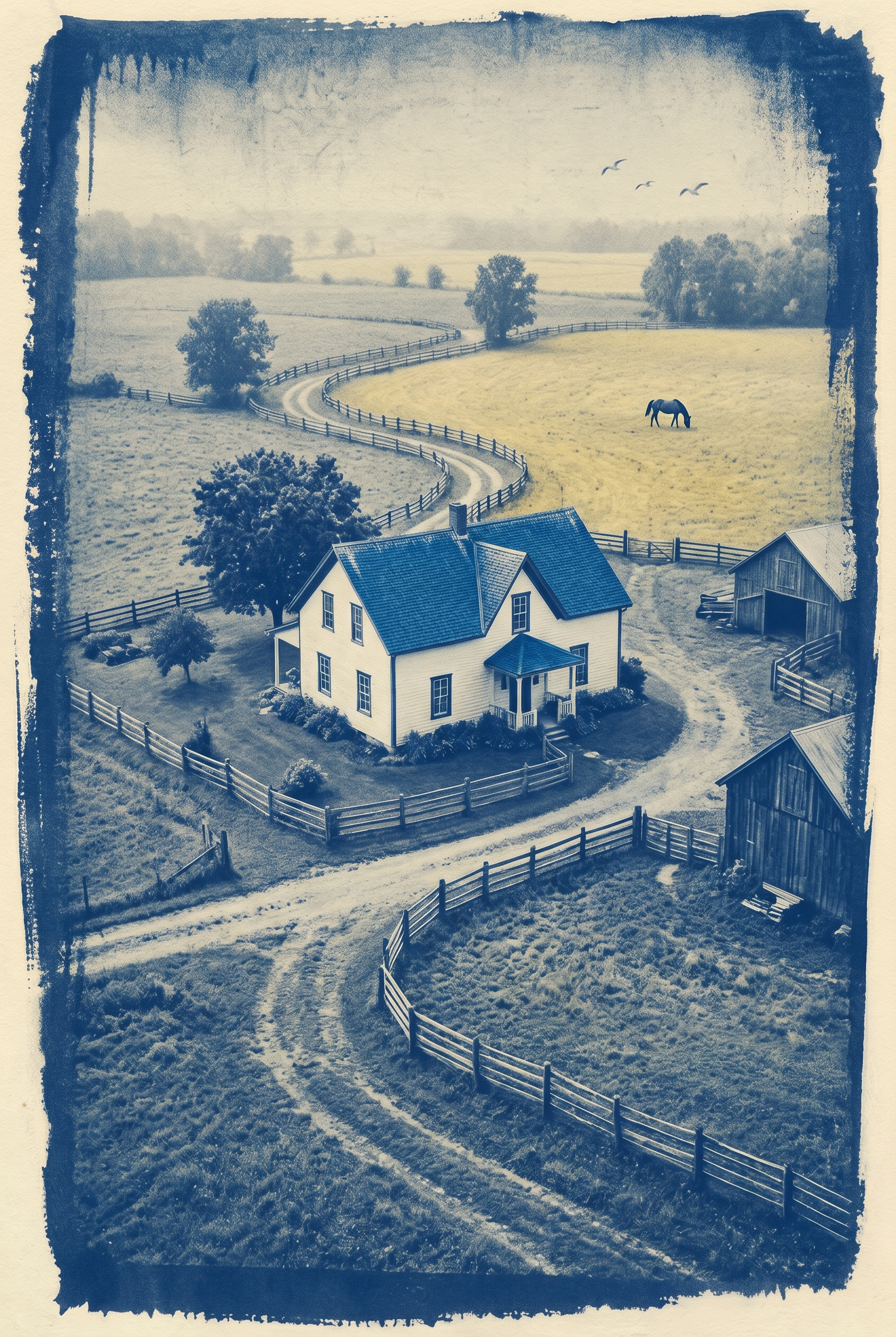 Blue Rural Farmhouse Wall Art - Blue Farmstead