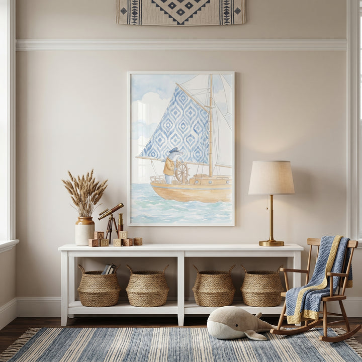 Blue sail dolphin wall art above a white console table with baskets, a wooden rocking chair, and a plush whale toy.