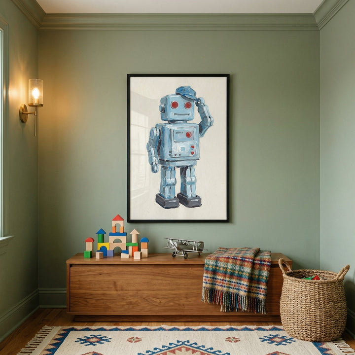 A cozy child's room features soft sage-green walls and light-toned wood accents. Centered on the wall is a framed art piece featuring a light-blue vintage-style robot with red eyes and a blue cap, depicted in a saluting pose against a neutral textured background. Below the artwork sits a long wooden storage chest. 