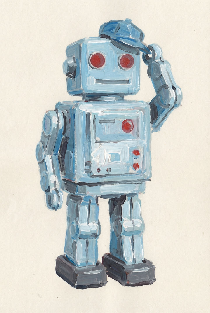 Loose watercolor illustration of a blue robot with red circular eyes standing upright and touching the side of its head. The simple background keeps focus on the robot’s boxy shape and painted texture.

