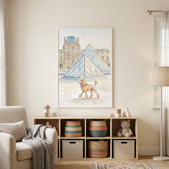 Blue scarf apricot poodle wall art hangs above a shelf with baskets and a teddy bear next to a cozy armchair.