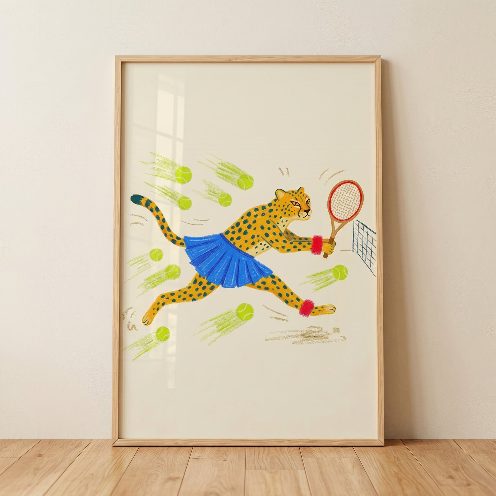 Framed blue skirt tennis cheetah wall art depicts a cheetah in a skirt hitting tennis balls with a red racket.