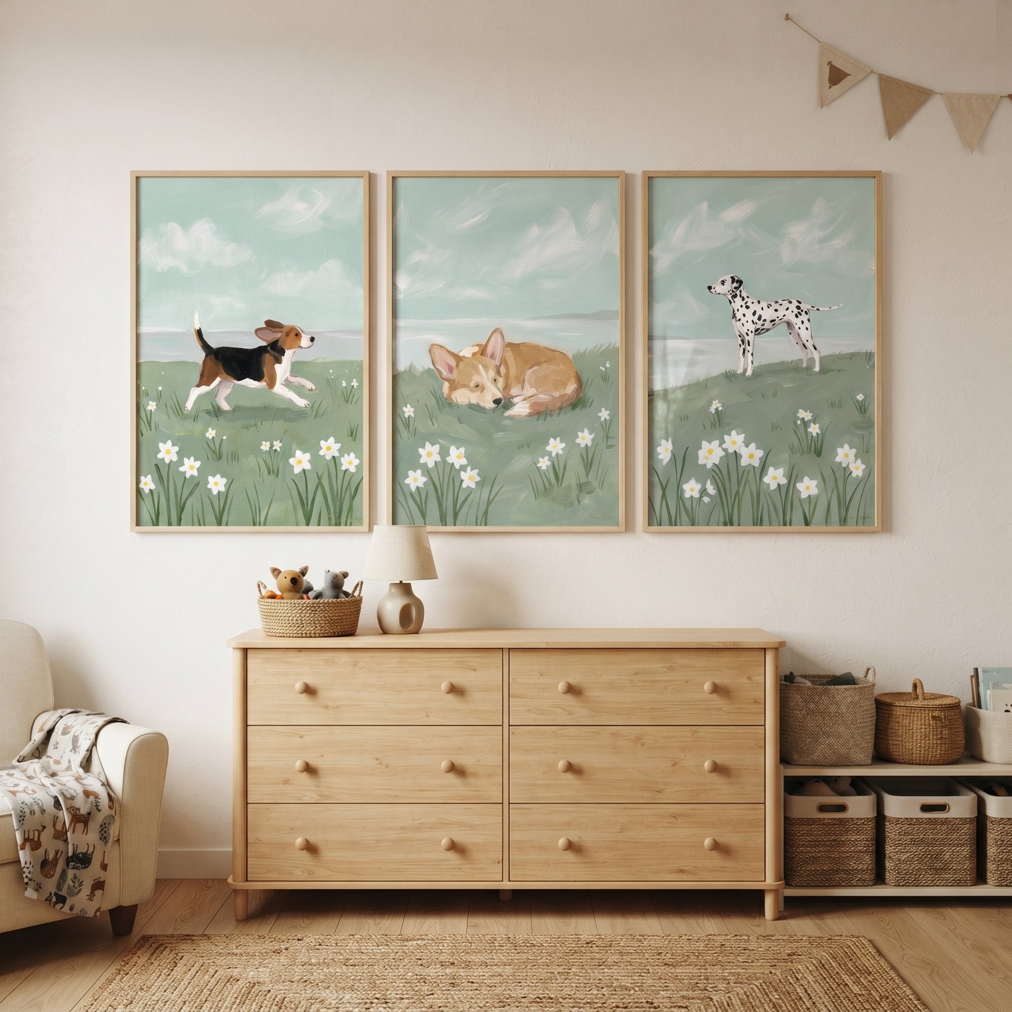 Blue Sky Coastal Dogs Wall Art Set of 3 - Springtime Puppy Play