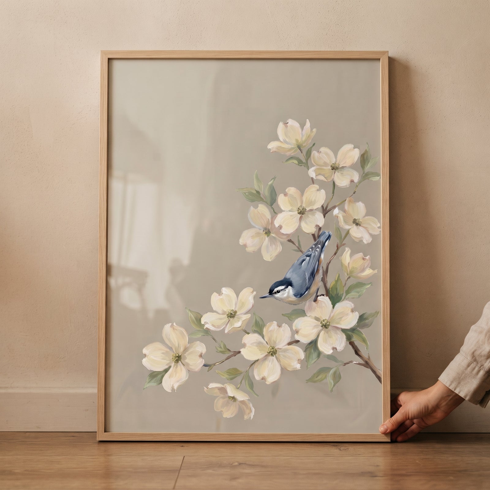 Blue songbird botanical bird artwork featuring a small bird perched on white dogwood flowers in a wood frame.