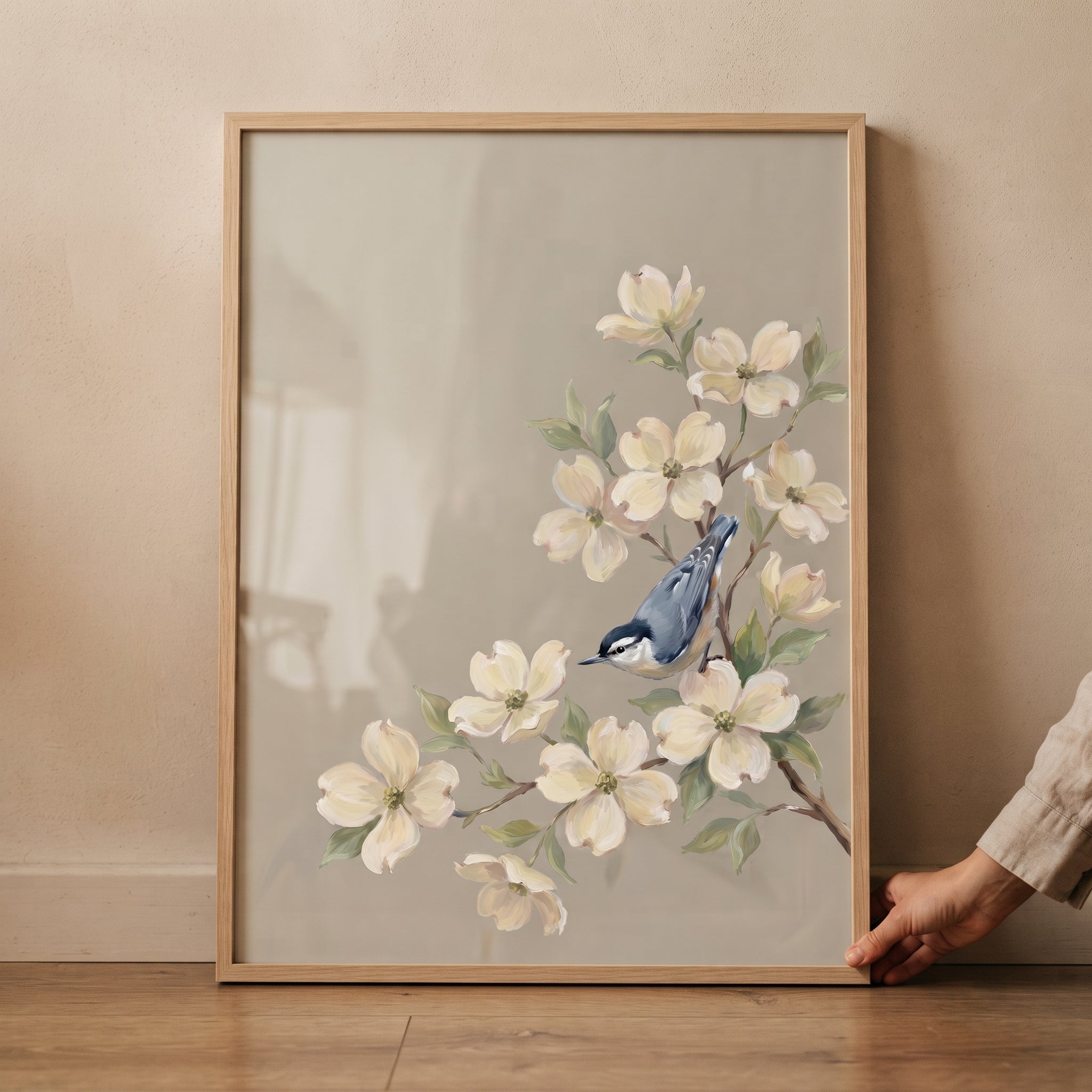 Blue Songbird Botanical Bird Artwork - Dogwood Bird Song