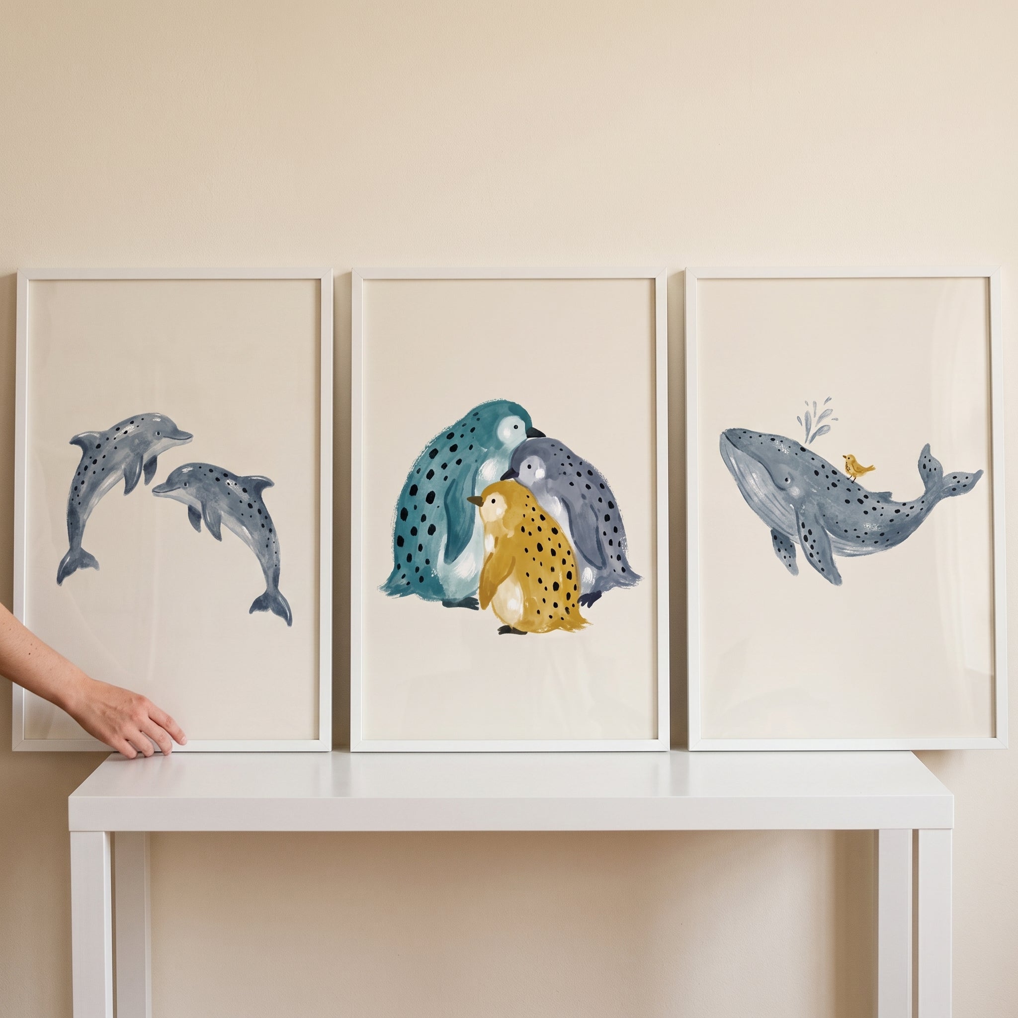 Blue Spotted Marine Animal Wall Art Set of 3 - Gentle Marine Friends
