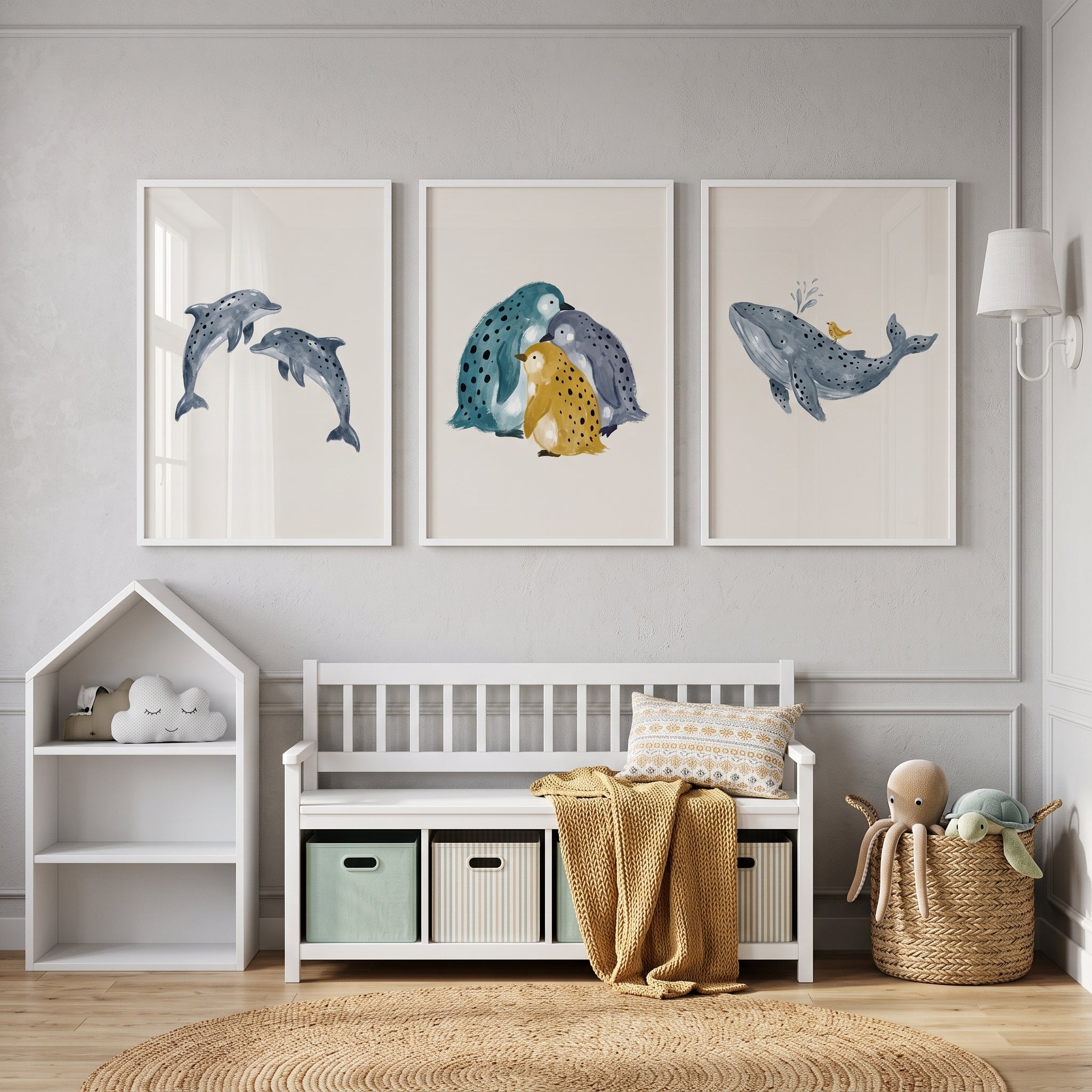 Blue Spotted Marine Animal Wall Art Set of 3 - Gentle Marine Friends