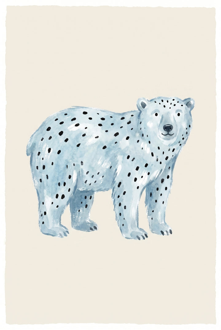 Blue spotted polar bear wall art illustration with dark spots on a light cream background.