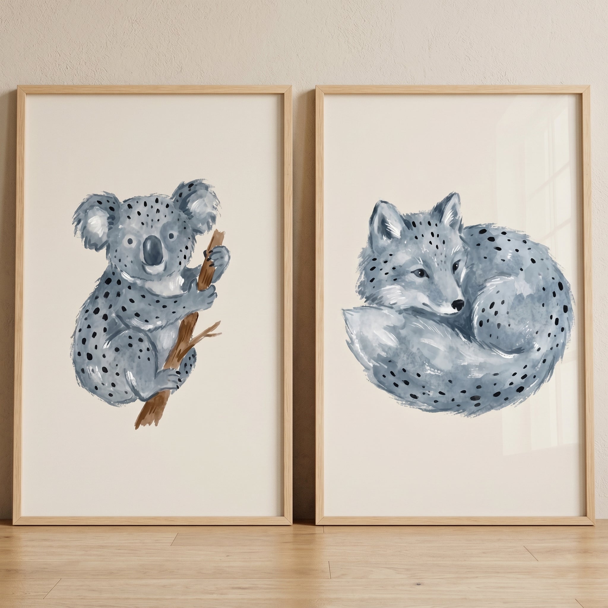 Blue Spotted Watercolor Animals Wall Art Set of 2 - Blue Speckled Friends