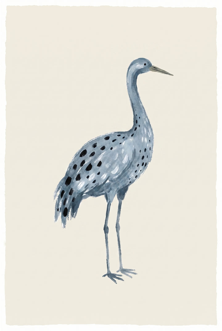 Blue spotted watercolor crane wall art featuring a long-necked bird with black spots on a light beige background.