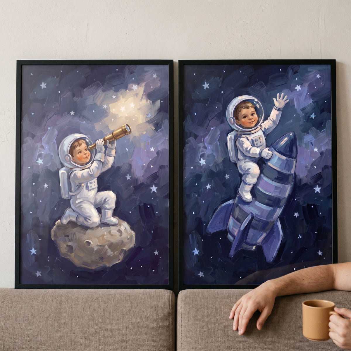 Blue Starry Baby Astronaut Wall Art Set of 2 - Cosmic Dreamer