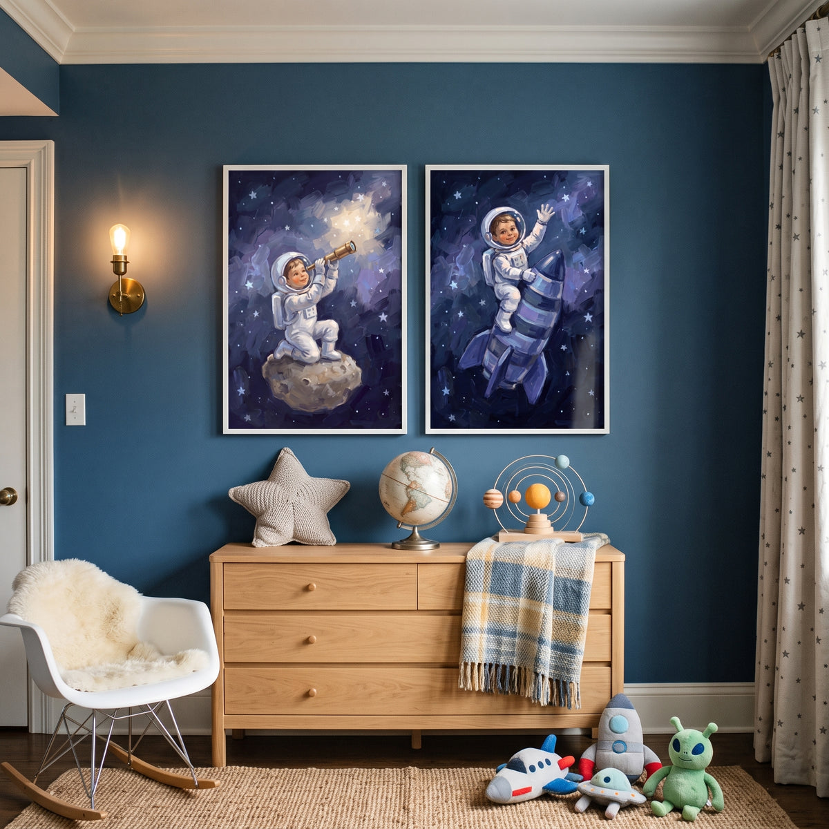 Blue Starry Baby Astronaut Wall Art Set of 2 - Cosmic Dreamer