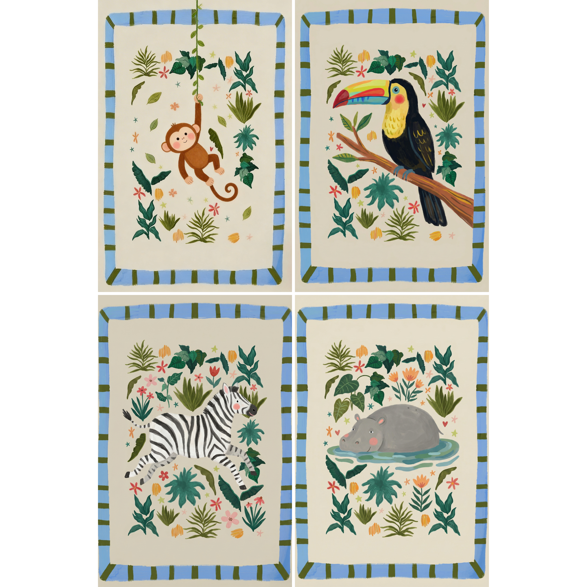 Blue Stripe Jungle Animal Wall Art Set of 4 - Jungle Friends Collection