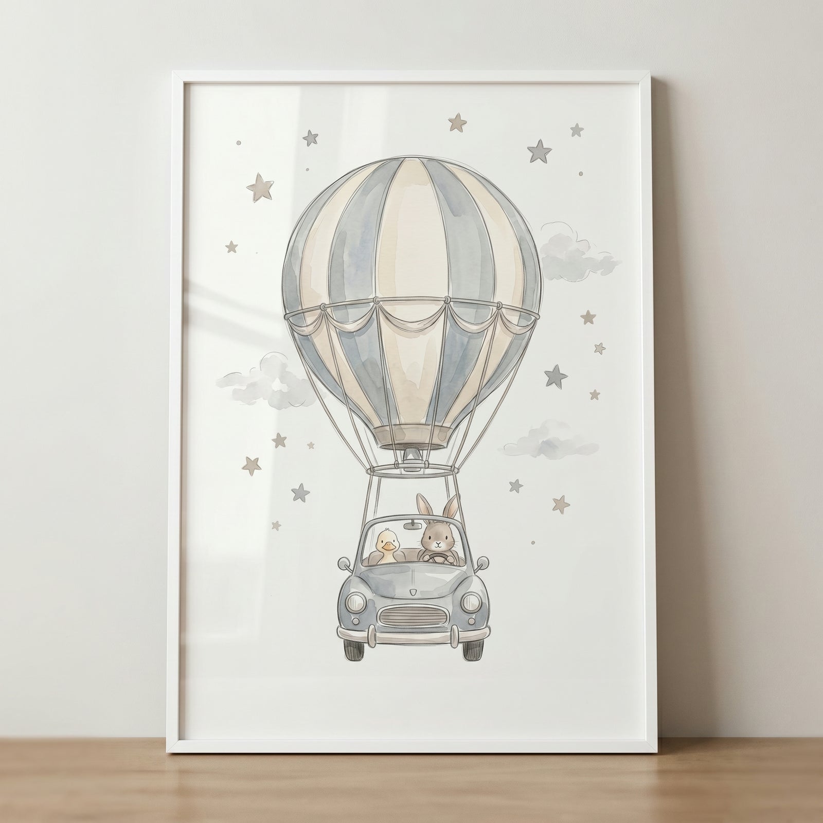 Blue striped balloon bunny artwork depicts a rabbit and duck in a vintage car floating among soft stars and clouds.