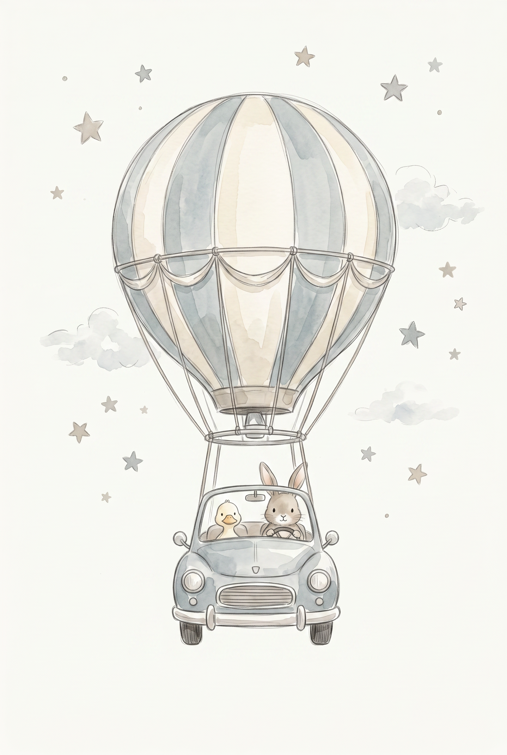 Blue Striped Balloon Bunny Artwork - Whimsical Starry Flight