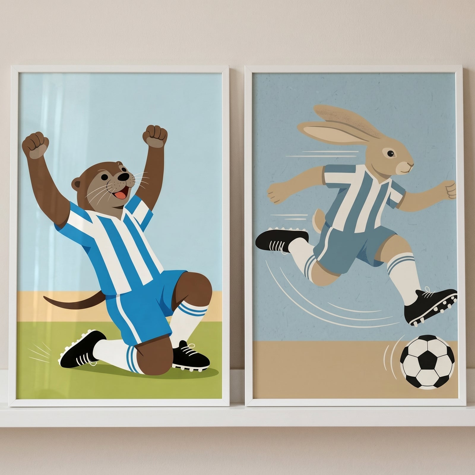 Blue striped jersey animal wall art set of 2 shows a celebrating otter and a rabbit running with a soccer ball.