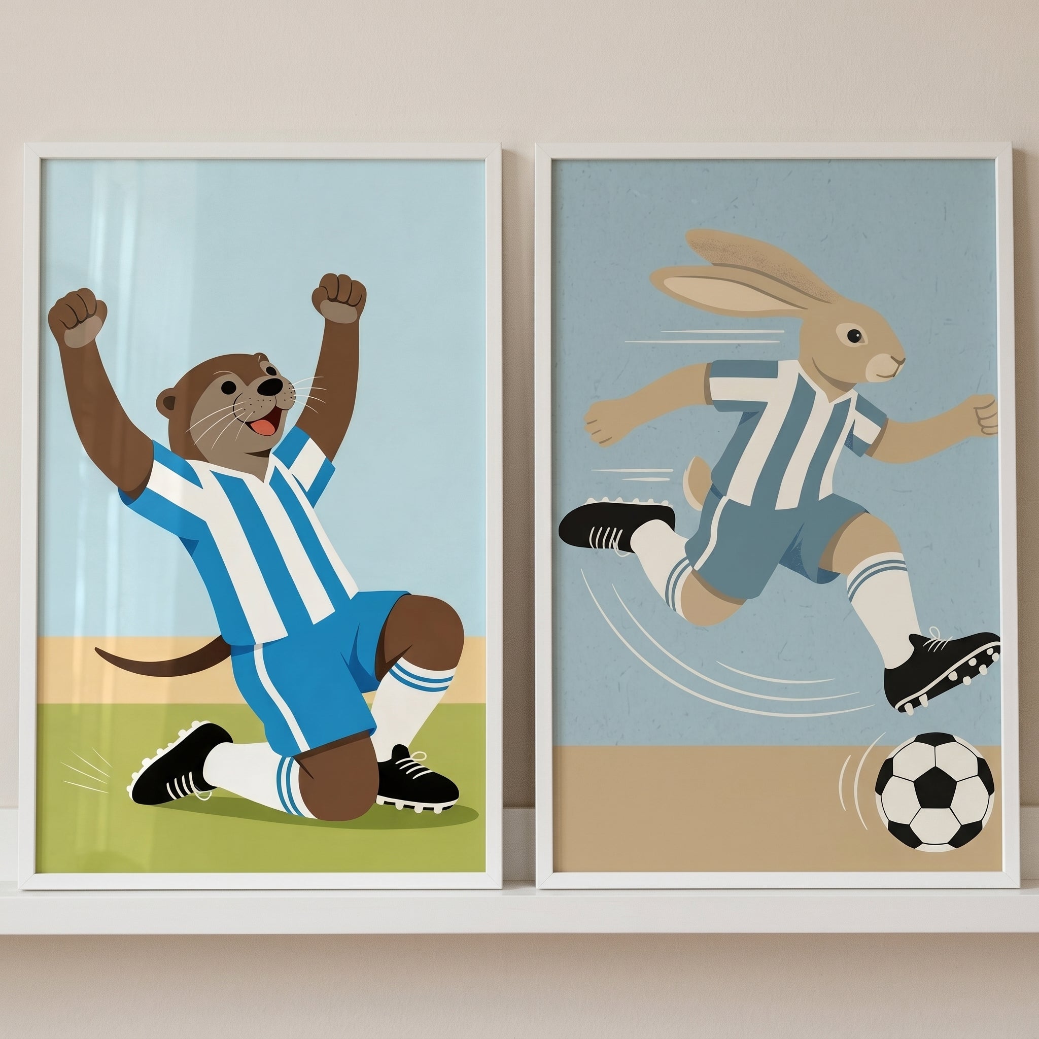 Blue Striped Jersey Animal Wall Art Set of 2 - Soccer Animal Stars