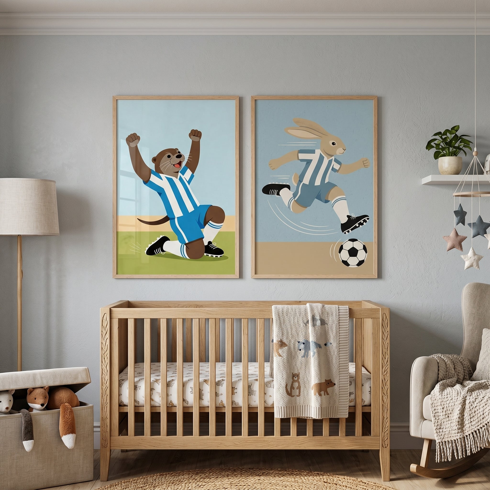 Blue Striped Jersey Animal Wall Art Set of 2 - Soccer Animal Stars