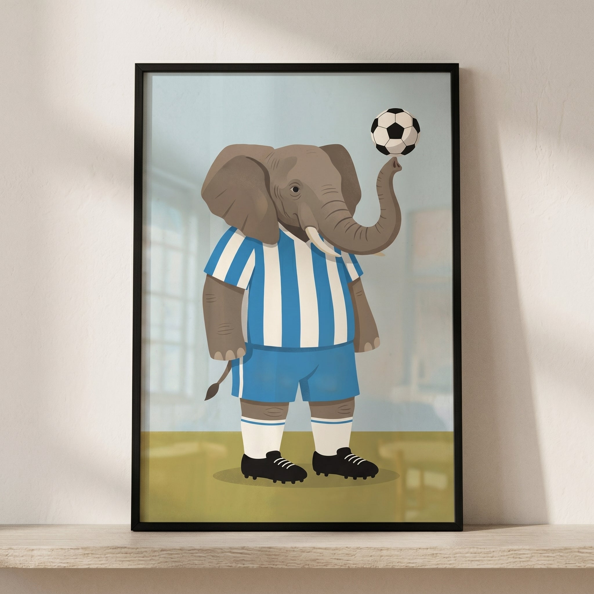 Blue Striped Jersey Elephant Wall Art - Elephant Soccer Star